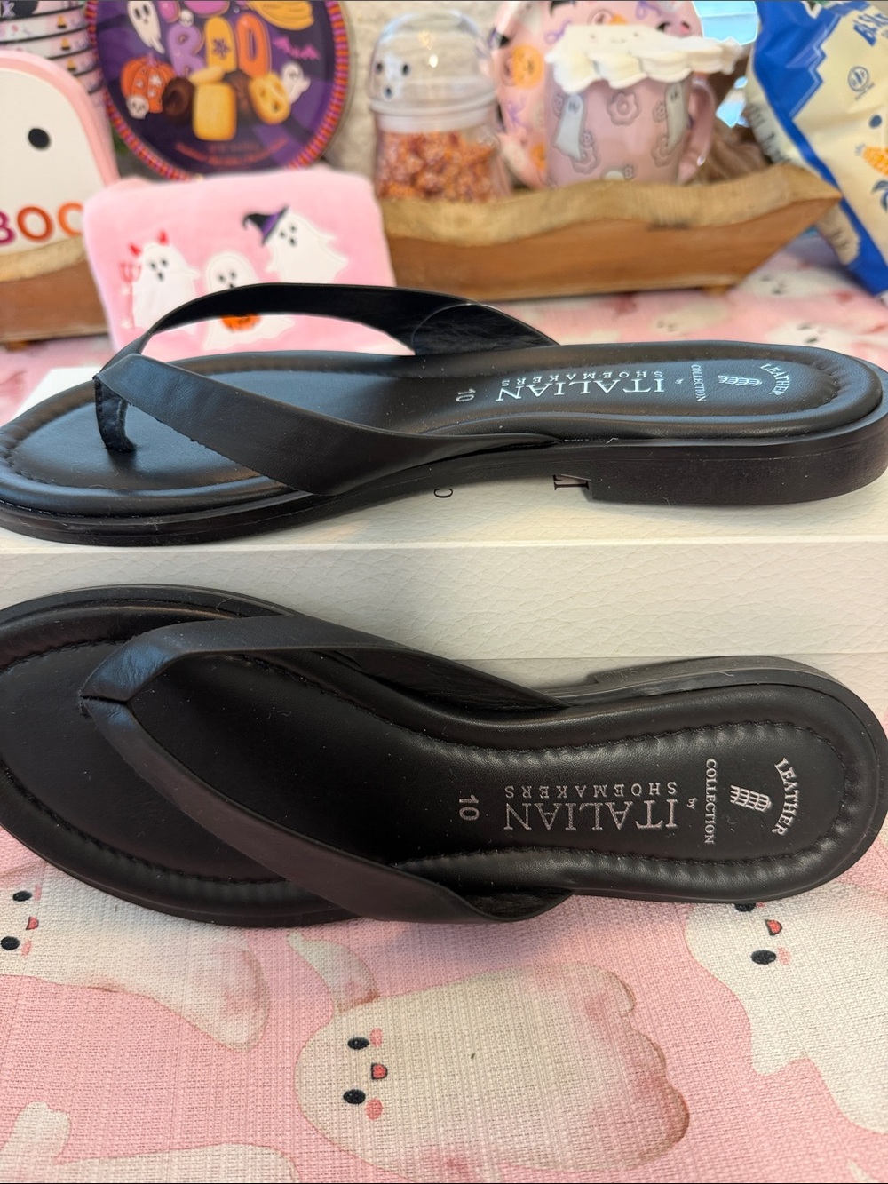 Italian Shoemakers Black Leather Thong Sandals, NWT, Size 10